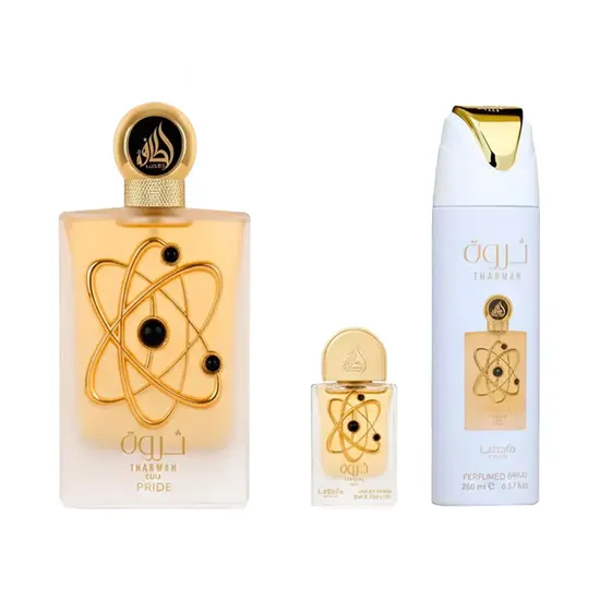 Kit Lattafa Tharwah Gold 100ML + 20ML + Deo 200ML · Desodorante